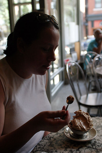 Steph takes a bite of her yummy gelato