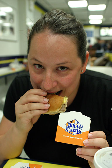 Steph enjoys a White Castle burger