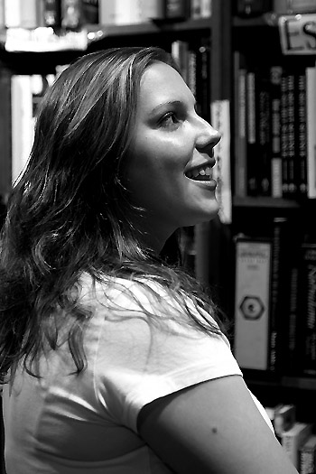 Megan in her element, a bookstore